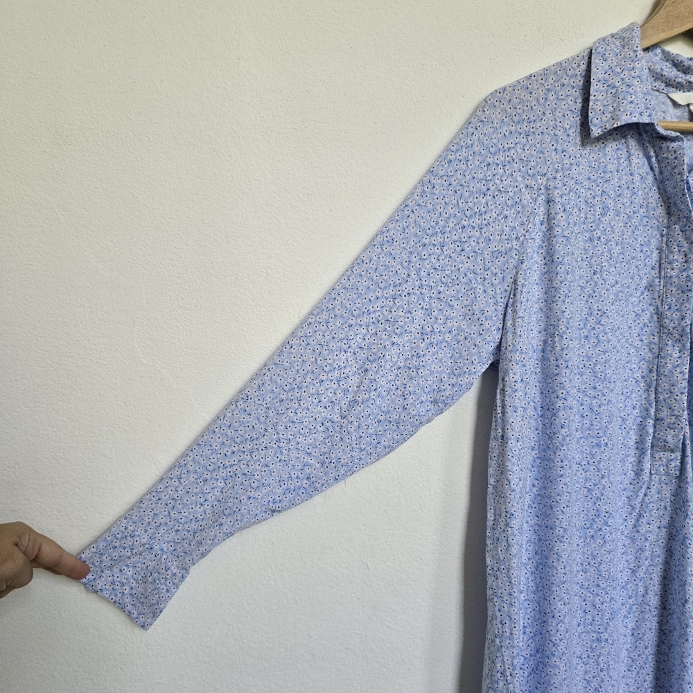 H&M Blue Floral Midi Dress Viscose Collared Long Sleeve Shirt Dress M - Picture 8 of 17